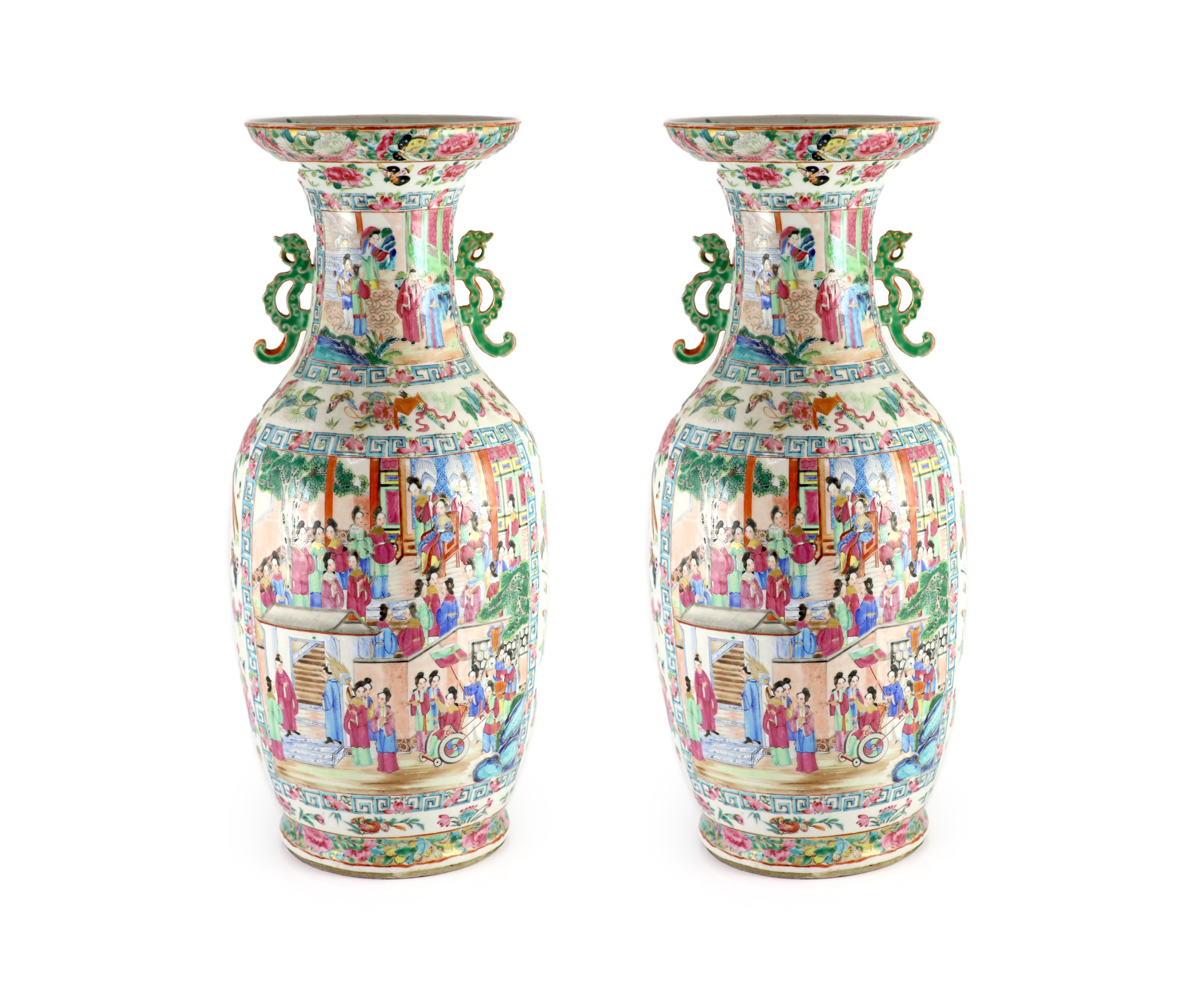 A pair of large Chinese famille rose twin handled vases, mid 19th century, 60 cm high, one vase broken and repaired